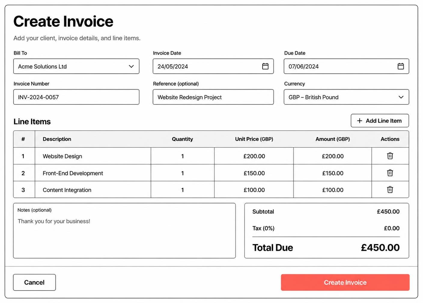 Invoice creation screen preview with line items and a GBP total